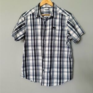 Columbia Men's Short-Sleeve Plaid Button-Up Shirt Blue and White Crinkle Texture